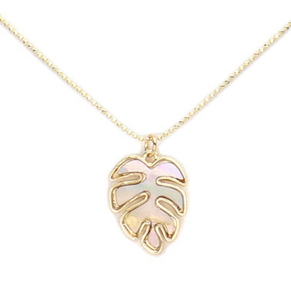 Gold Mother Of Pearl Tropical Leaf Pendant Necklace Chain Set Jewelry - Picture 3 of 3